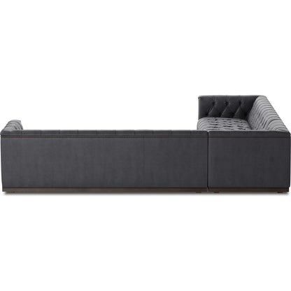 Maxx 3-Piece Sectional by Four Hands in destroyed black, aged bronze nailhead, whitewash. Made from top grain leather, solid parawood, iron in a modern style.