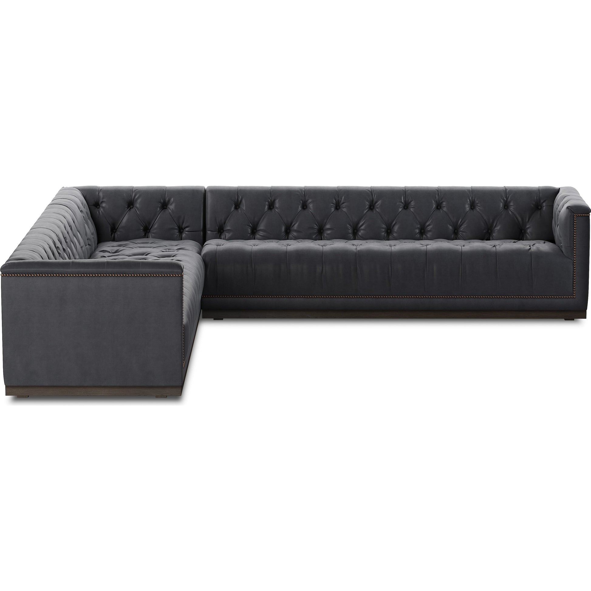 Maxx 3-Piece Sectional by Four Hands in destroyed black, aged bronze nailhead, whitewash. Made from top grain leather, solid parawood, iron in a modern style.