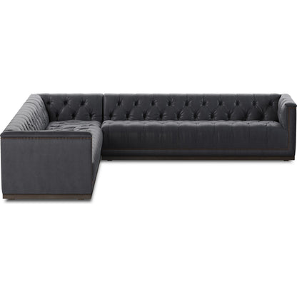 Maxx 3-Piece Sectional by Four Hands in destroyed black, aged bronze nailhead, whitewash. Made from top grain leather, solid parawood, iron in a modern style.