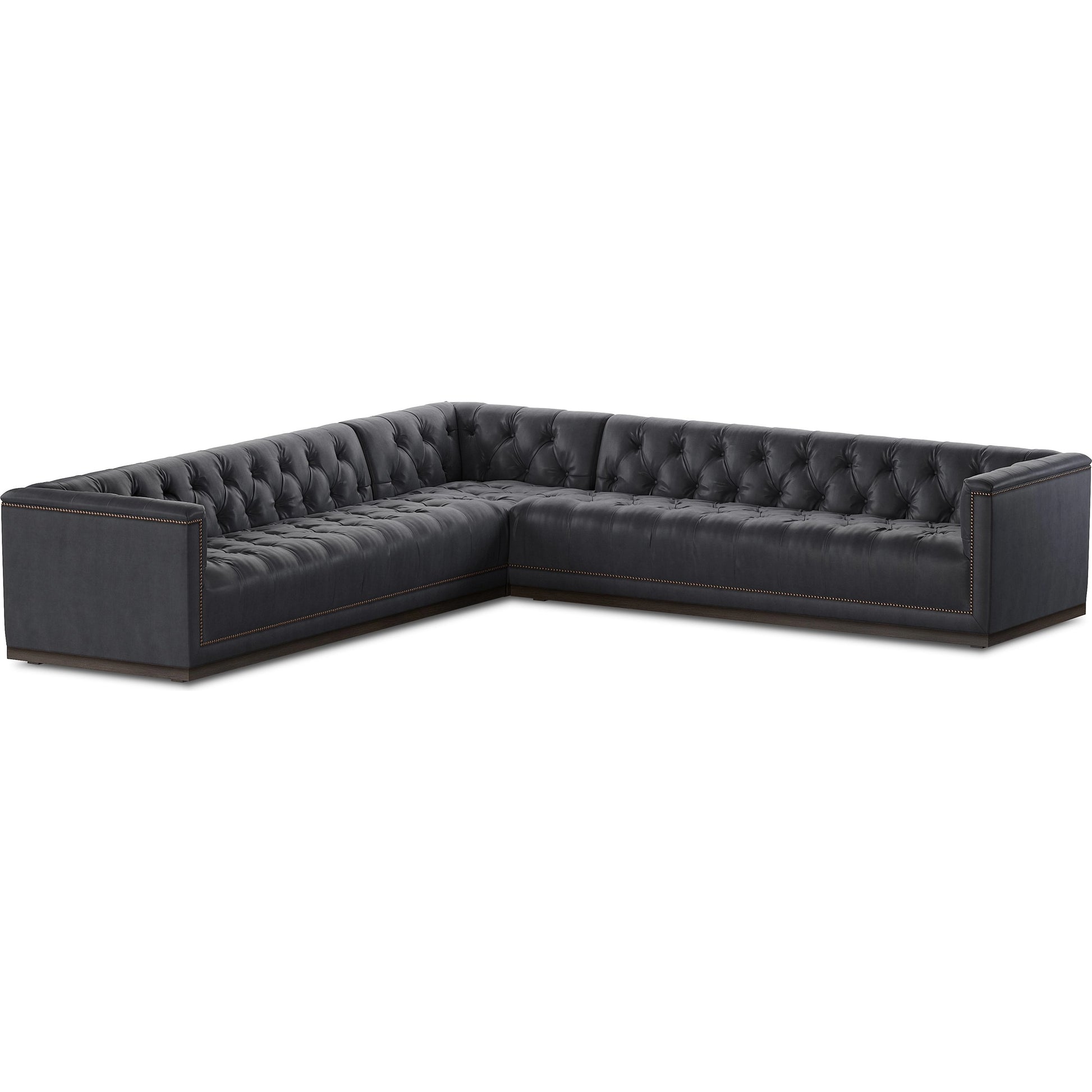 Maxx 3-Piece Sectional by Four Hands in destroyed black, aged bronze nailhead, whitewash. Made from top grain leather, solid parawood, iron in a modern style.