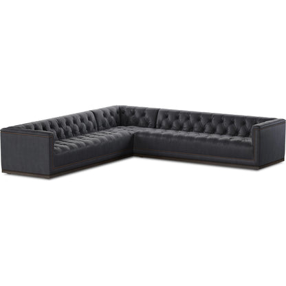 Maxx 3-Piece Sectional by Four Hands in destroyed black, aged bronze nailhead, whitewash. Made from top grain leather, solid parawood, iron in a modern style.