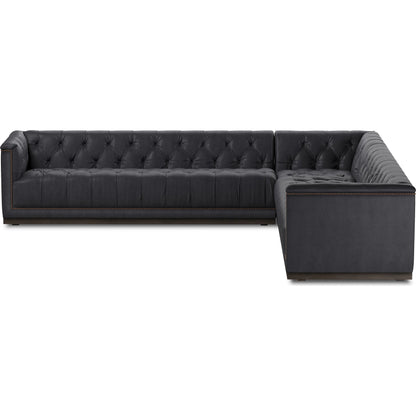 Maxx 3-Piece Sectional by Four Hands in destroyed black, aged bronze nailhead, whitewash. Made from top grain leather, solid parawood, iron in a modern style.