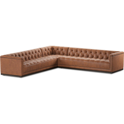 Maxx 3-Piece Sectional by Four Hands in destroyed black, aged bronze nailhead, whitewash. Made from top grain leather, solid parawood, iron in a modern style.