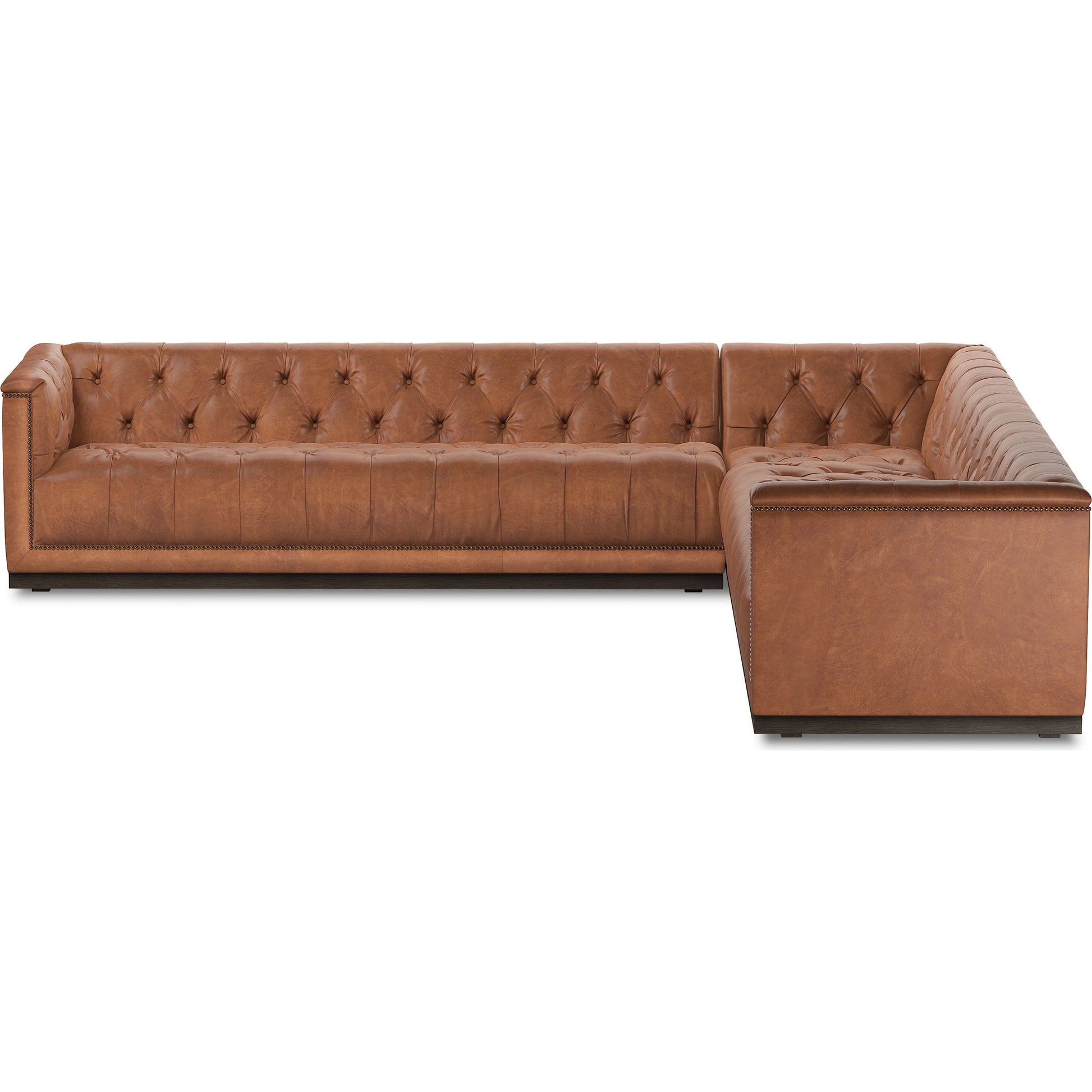 Maxx 3-Piece Sectional by Four Hands in destroyed black, aged bronze nailhead, whitewash. Made from top grain leather, solid parawood, iron in a modern style.