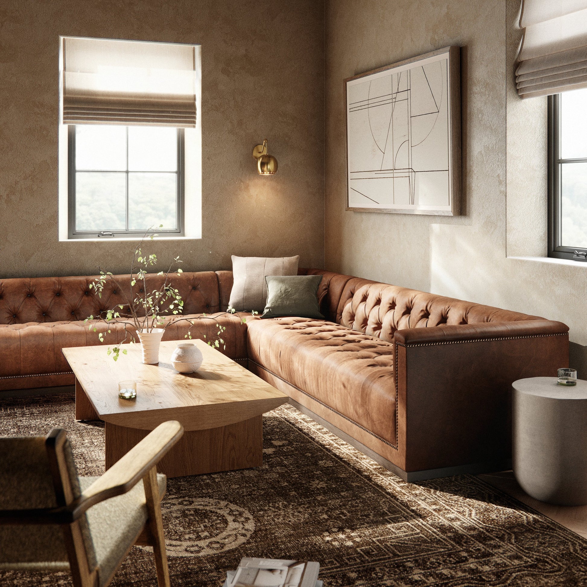 Maxx 3-Piece Sectional by Four Hands in destroyed black, aged bronze nailhead, whitewash. Made from top grain leather, solid parawood, iron in a modern style.