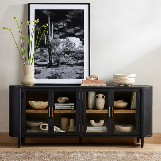 Tolle Sideboard by Four Hands in drifted matte black, drifted oak. Made from solid oak, tempered glass, oak veneer in a modern style.