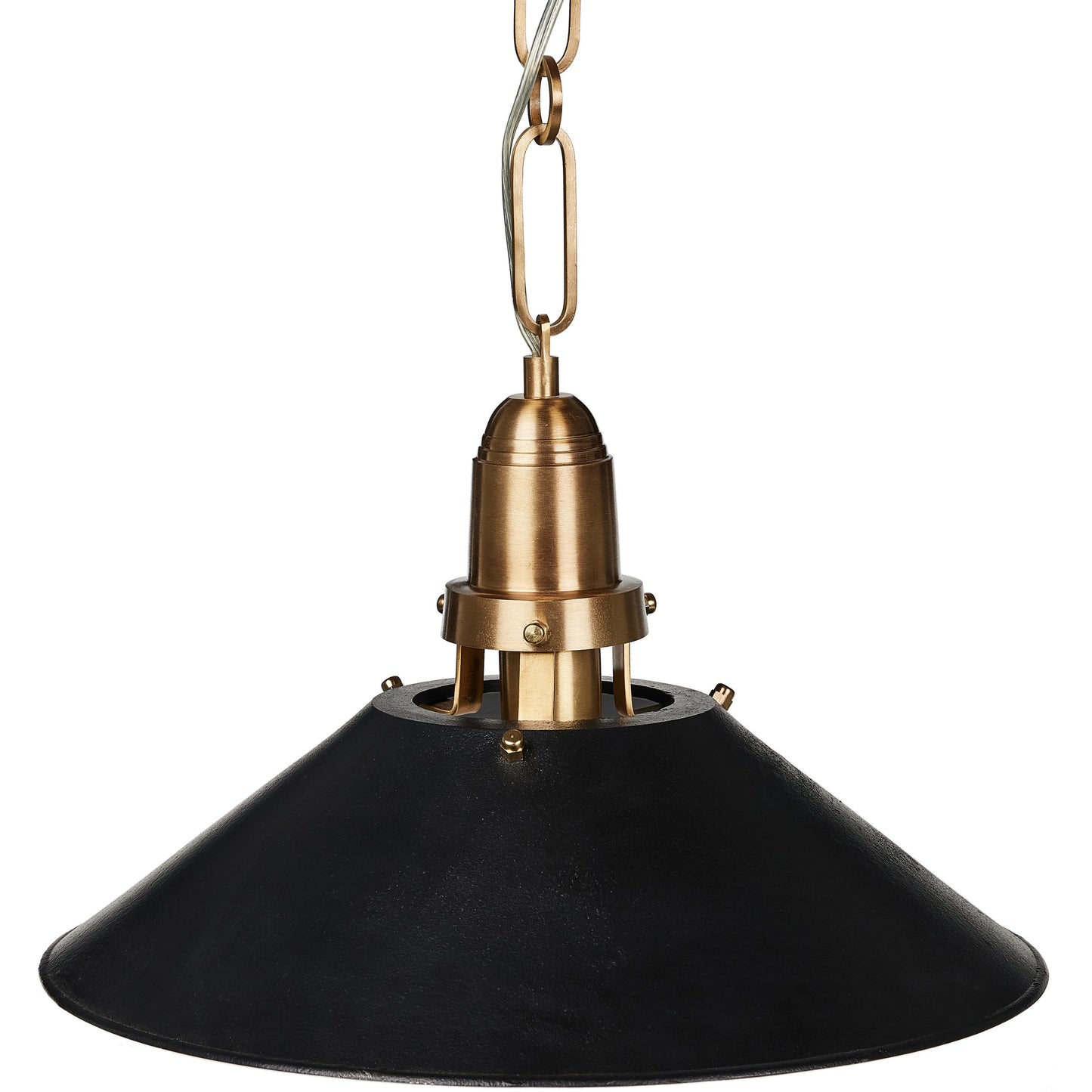026 SI-2092945 | Closeup | Nicholls Tapered Pendant by Four Hands in black aluminum enamel, cast brushed brass. Made from aluminum, brass, thermoplastic in a modern style.
