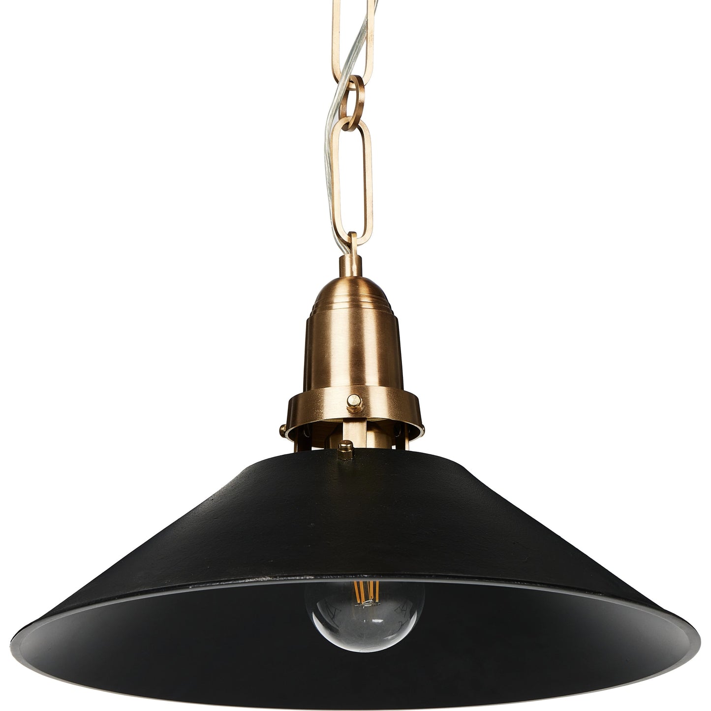 028 SI-2092945 | Closeup | Nicholls Tapered Pendant by Four Hands in black aluminum enamel, cast brushed brass. Made from aluminum, brass, thermoplastic in a modern style.