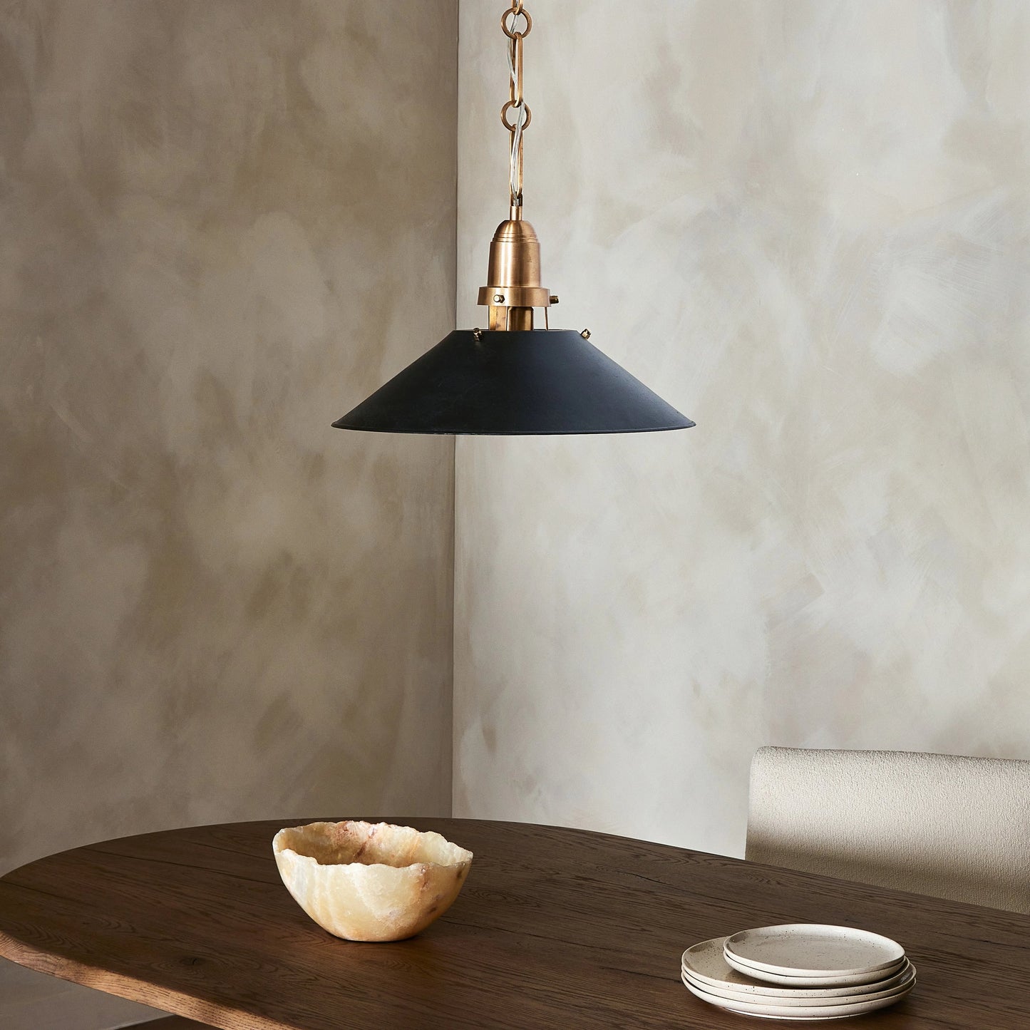 025 SI-2092945 | Lifestyle | Nicholls Tapered Pendant by Four Hands in black aluminum enamel, cast brushed brass. Made from aluminum, brass, thermoplastic in a modern style.