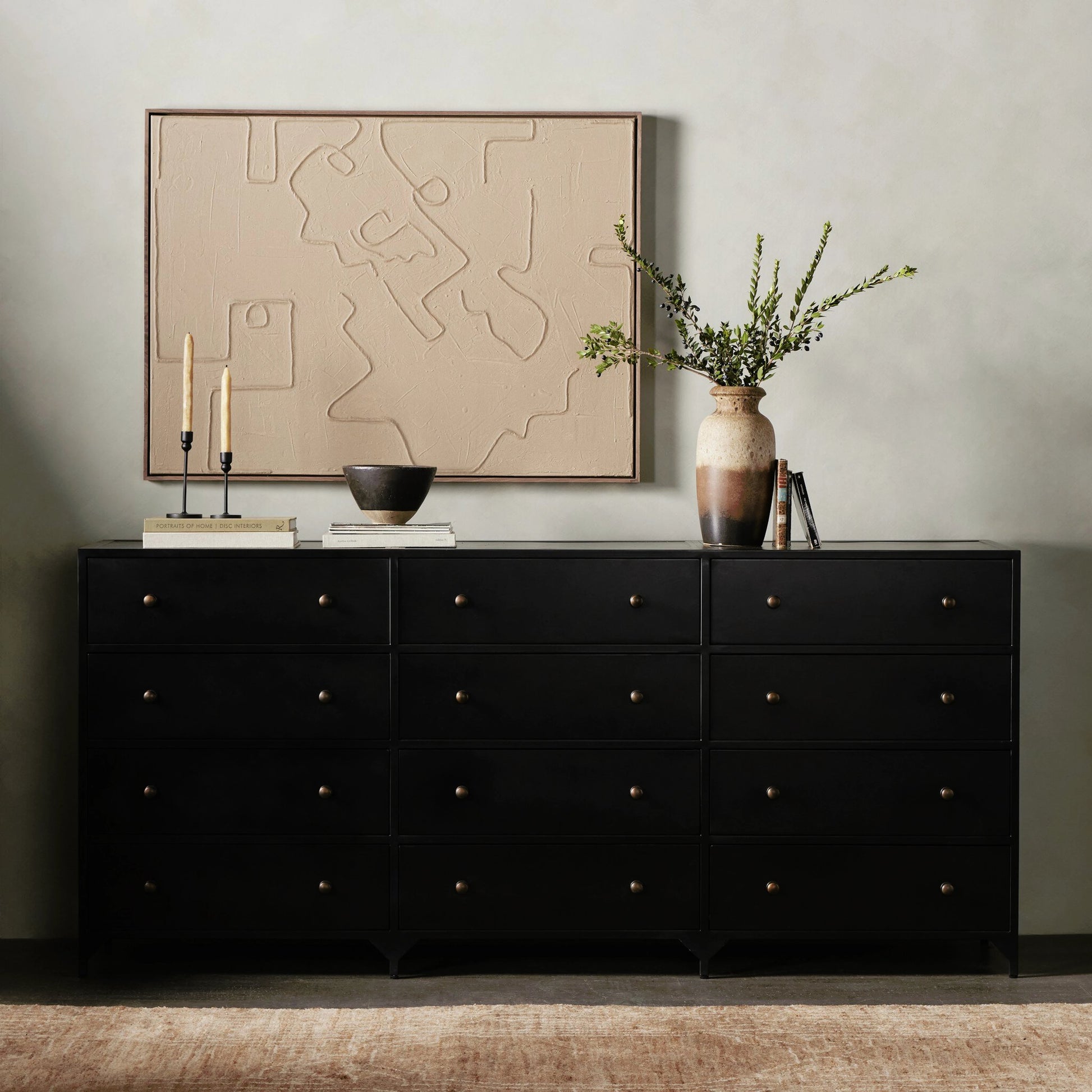 Belmont 12 Drawer Dresser by Four Hands in black. Made from iron in a modern style.