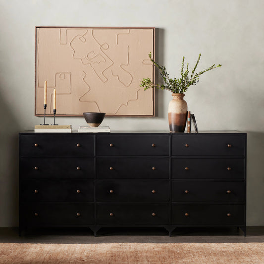 Belmont 12 Drawer Dresser by Four Hands in black. Made from iron in a modern style.