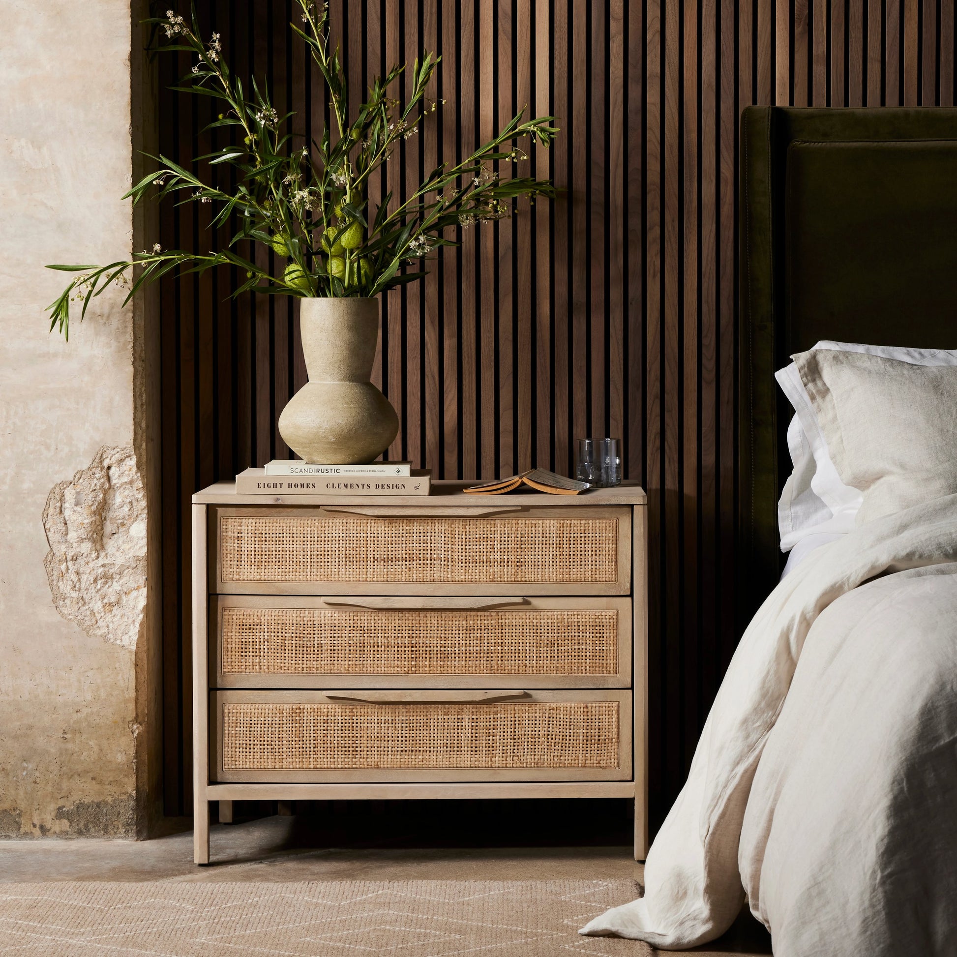 Sydney Large Nightstand by Four Hands. Made from solid mango, cane in a modern style.