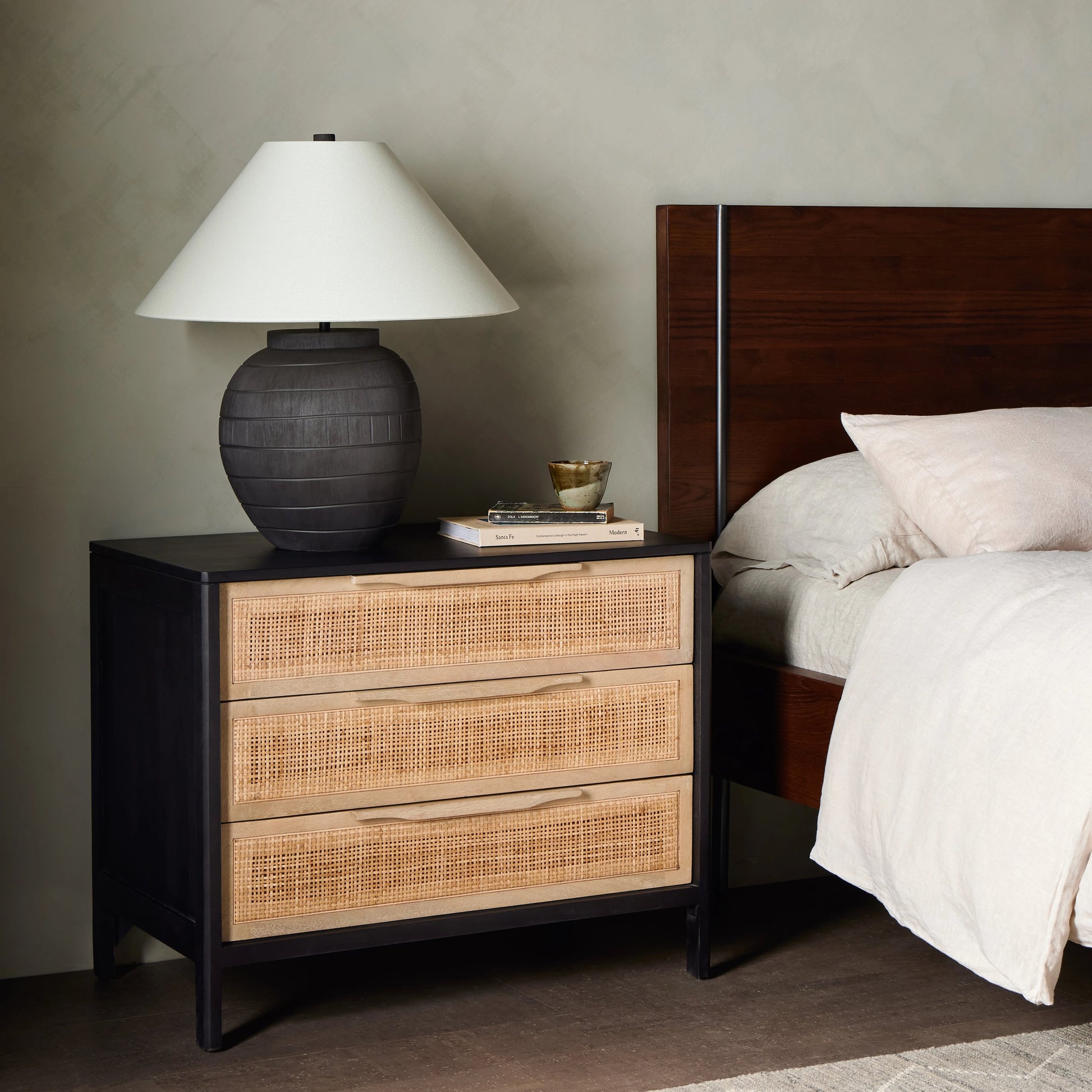 Sydney Large Nightstand by Four Hands. Made from solid mango, cane in a modern style.