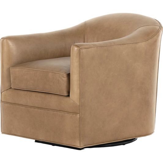 Quinton Swivel Chair by Four Hands. Made from top grain leather, iron, 80% polyurethane foam, 20% polyester fiber in a transitional style.
