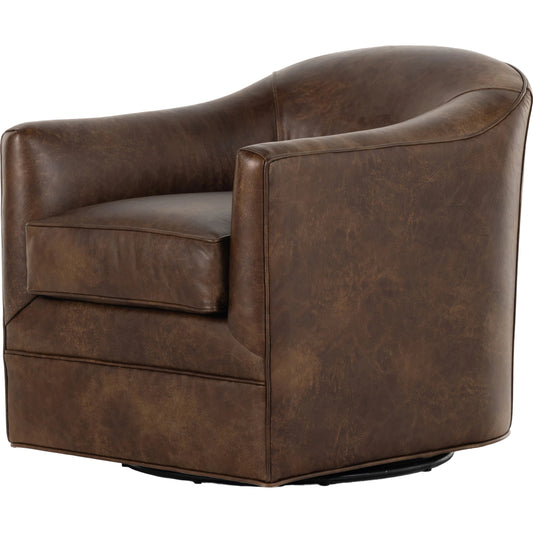 Quinton Swivel Chair by Four Hands. Made from top grain leather, iron, 80% polyurethane foam, 20% polyester fiber in a transitional style.