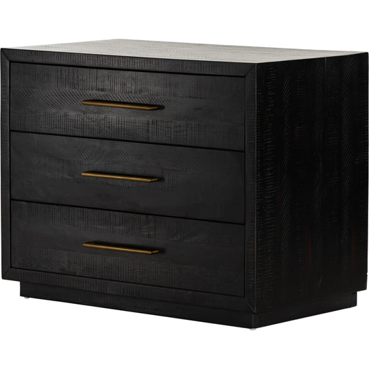 Suki Large Nightstand by Four Hands in burnished black. Made from resawn mixed wood in a modern style.