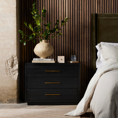 Suki Large Nightstand by Four Hands in burnished black. Made from resawn mixed wood in a modern style.