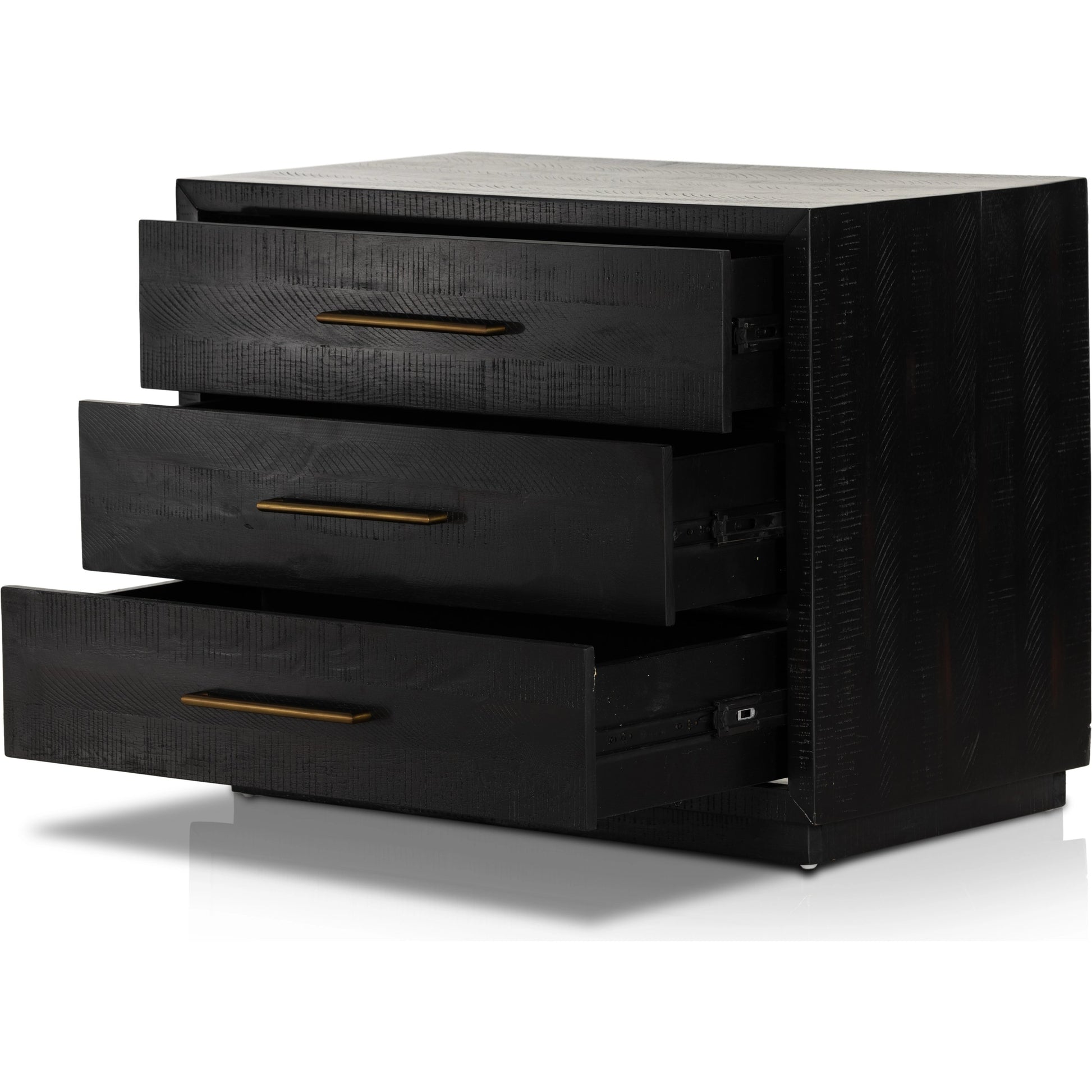 Suki Large Nightstand by Four Hands in burnished black. Made from resawn mixed wood in a modern style.