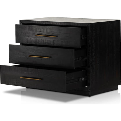 Suki Large Nightstand by Four Hands in burnished black. Made from resawn mixed wood in a modern style.