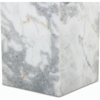 Modern Marble Pedestal by Four Hands in white, grey speckled marble. Made from solid marble, engineered hardwood in a modern style.