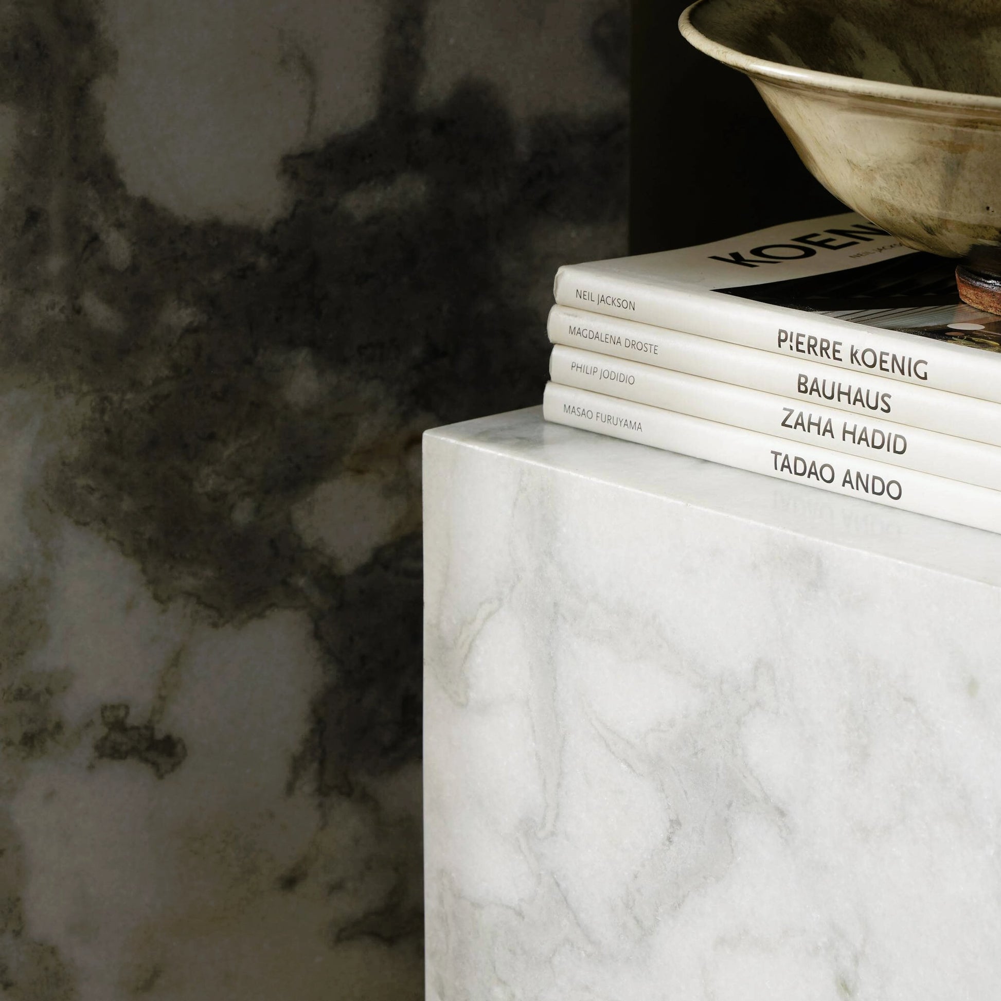 Modern Marble Pedestal by Four Hands in white, grey speckled marble. Made from solid marble, engineered hardwood in a modern style.