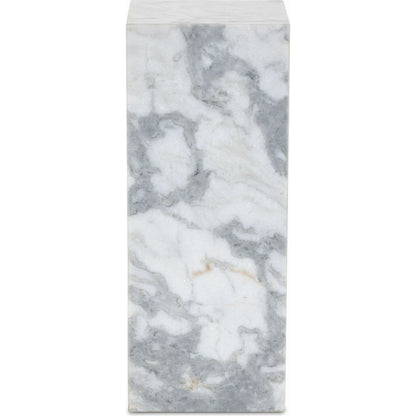 Modern Marble Pedestal by Four Hands in white, grey speckled marble. Made from solid marble, engineered hardwood in a modern style.