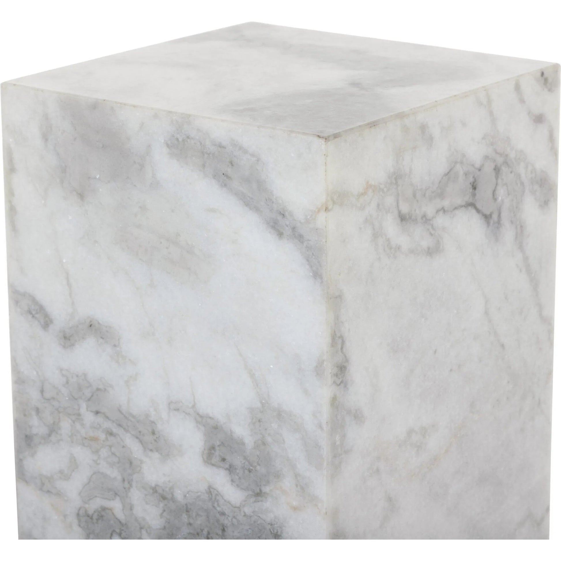 Modern Marble Pedestal by Four Hands in white, grey speckled marble. Made from solid marble, engineered hardwood in a modern style.