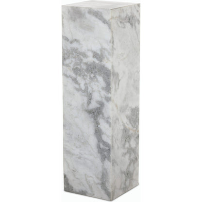 Modern Marble Pedestal by Four Hands in white, grey speckled marble. Made from solid marble, engineered hardwood in a modern style.