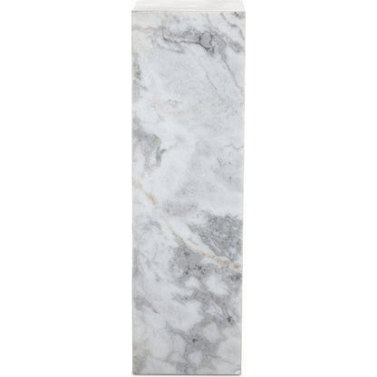 Modern Marble Pedestal by Four Hands in white, grey speckled marble. Made from solid marble, engineered hardwood in a modern style.