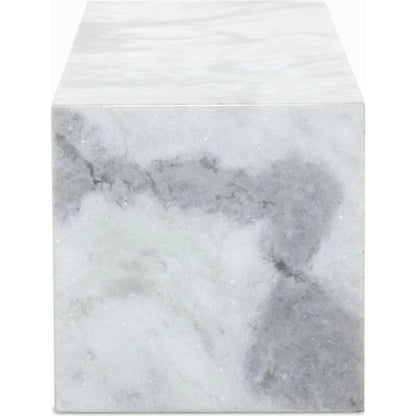Modern Marble Pedestal by Four Hands in white, grey speckled marble. Made from solid marble, engineered hardwood in a modern style.