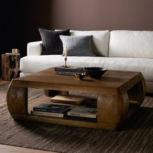 Tessa Coffee Table by Four Hands in dark drift nettlewood. Made from solid nettlewood, poplar eucalyptus plywood in a modern style.