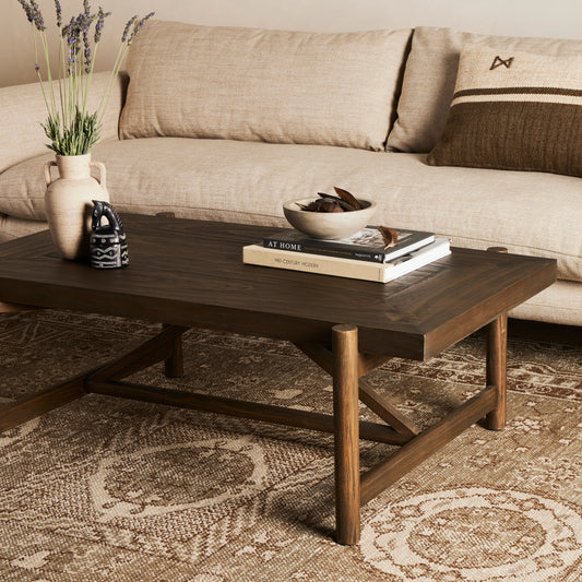 Goldthwaite Coffee Table by Four Hands in sienna brown. Made from solid pine, poplar plywood in a modern style.