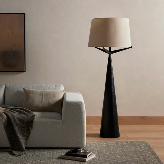 Ziggy Floor Lamp by Four Hands in hammered black. Made from aluminum, 100% cotton, thermoplastic in a modern style.