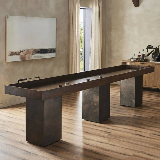 Shuffleboard Table by Four Hands in natural brown guanacaste, carbonized black, stainless steel. Made from thick guanacaste veneer, solid mixed reclaimed wood, stainless steel in a unique style.