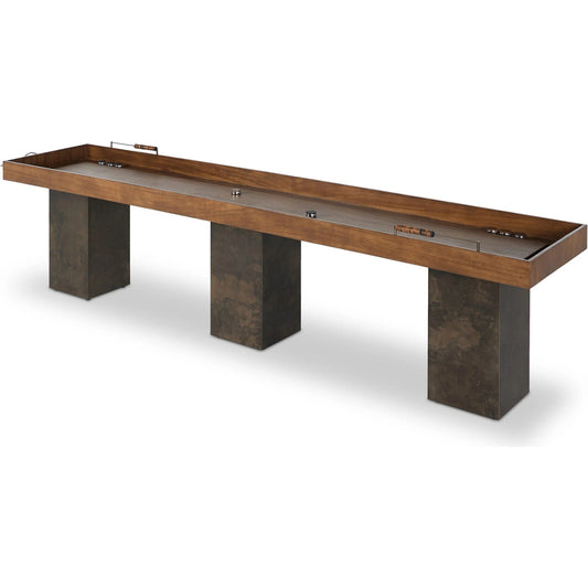 Shuffleboard Table by Four Hands in natural brown guanacaste, carbonized black, stainless steel. Made from thick guanacaste veneer, solid mixed reclaimed wood, stainless steel in a unique style.