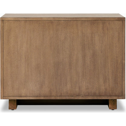 Grove Nightstand by Four Hands in beige painted linen and russet mahogany. Made from mahogany veneer, solid mahogany, painted linen in a modern style.