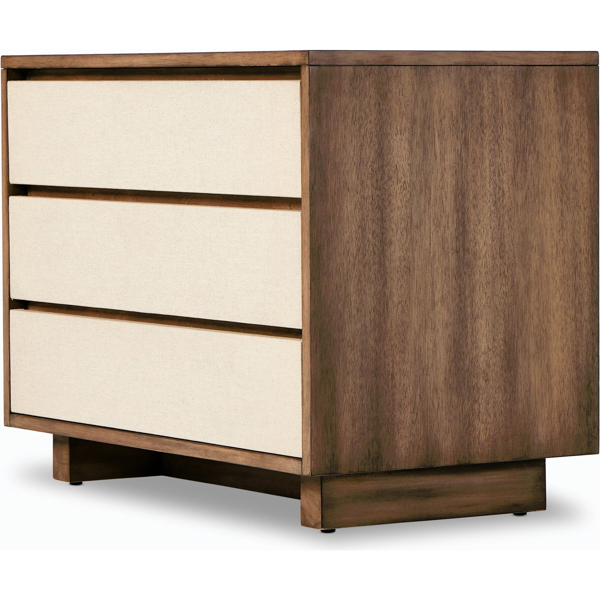 Grove Nightstand by Four Hands in beige painted linen and russet mahogany. Made from mahogany veneer, solid mahogany, painted linen in a modern style.