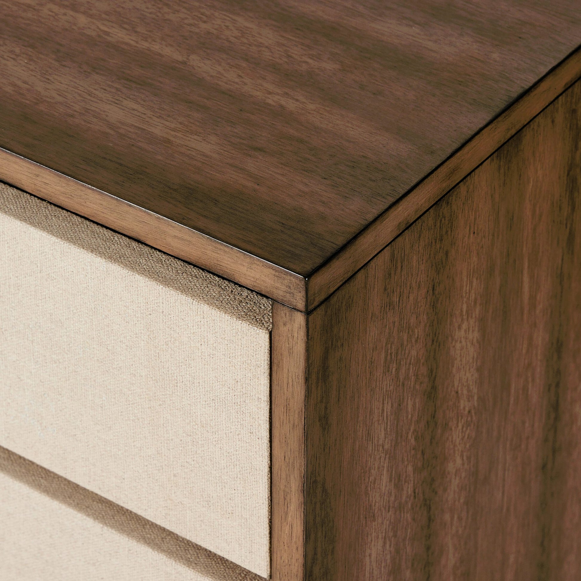 Grove Nightstand by Four Hands in beige painted linen and russet mahogany. Made from mahogany veneer, solid mahogany, painted linen in a modern style.