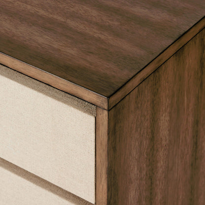 Grove Nightstand by Four Hands in beige painted linen and russet mahogany. Made from mahogany veneer, solid mahogany, painted linen in a modern style.