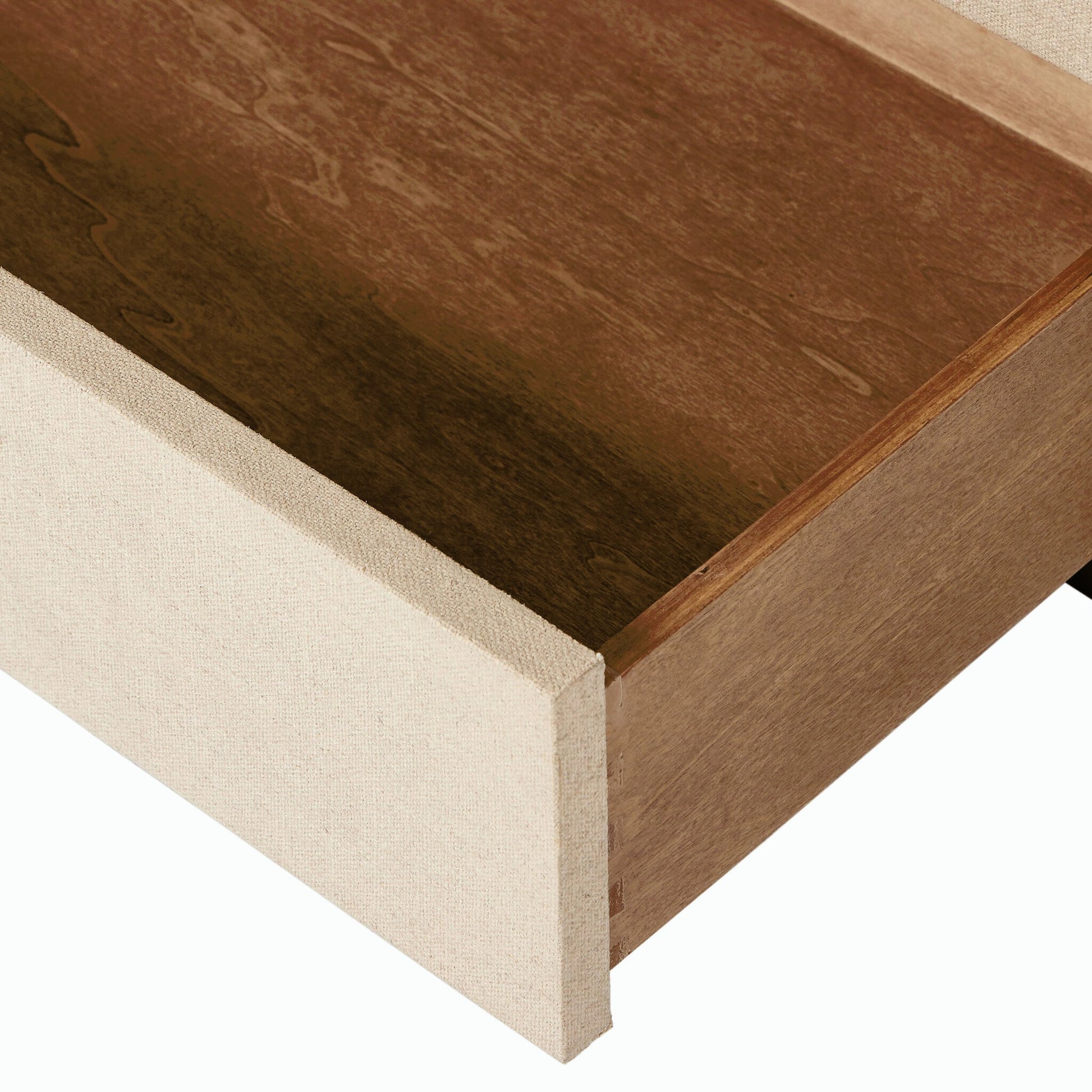 Grove Nightstand by Four Hands in beige painted linen and russet mahogany. Made from mahogany veneer, solid mahogany, painted linen in a modern style.