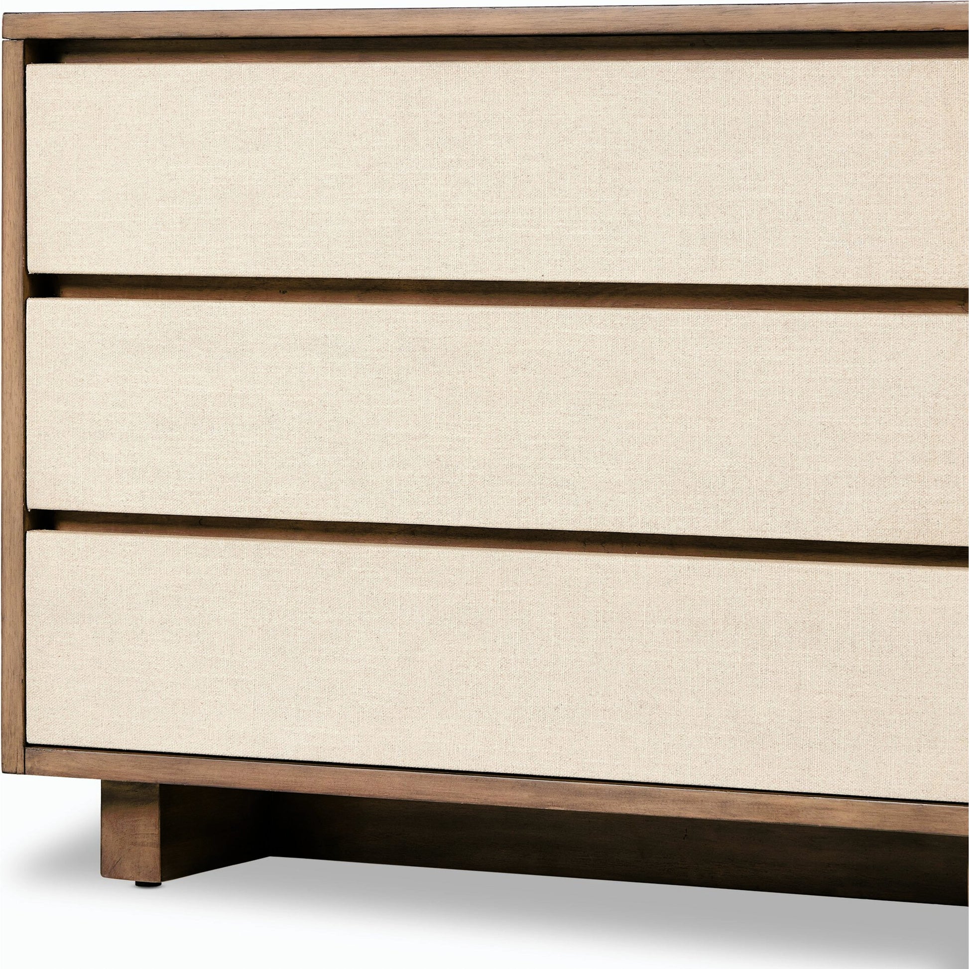 Grove Nightstand by Four Hands in beige painted linen and russet mahogany. Made from mahogany veneer, solid mahogany, painted linen in a modern style.