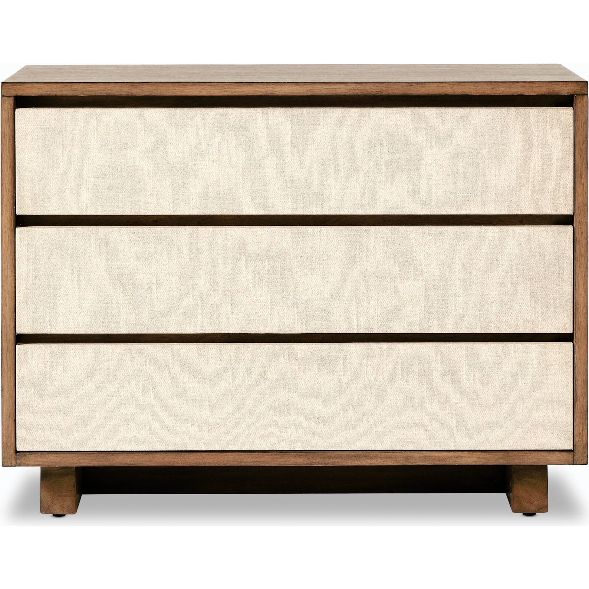 Grove Nightstand by Four Hands in beige painted linen and russet mahogany. Made from mahogany veneer, solid mahogany, painted linen in a modern style.