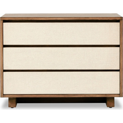 Grove Nightstand by Four Hands in beige painted linen and russet mahogany. Made from mahogany veneer, solid mahogany, painted linen in a modern style.