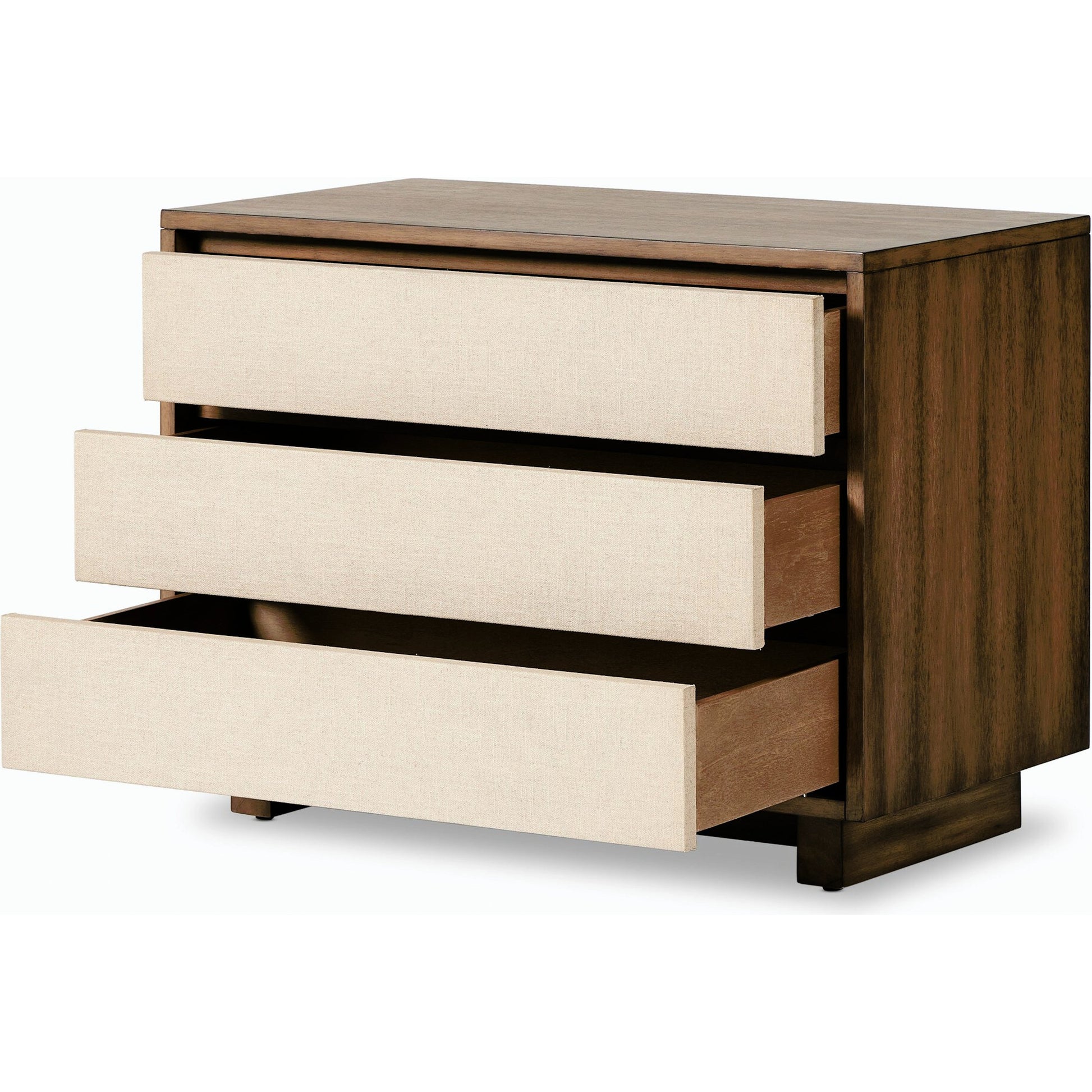 Grove Nightstand by Four Hands in beige painted linen and russet mahogany. Made from mahogany veneer, solid mahogany, painted linen in a modern style.