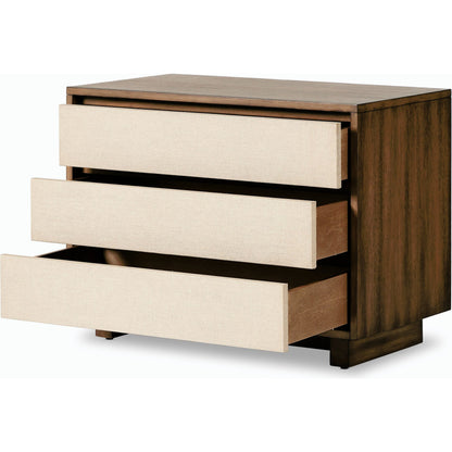 Grove Nightstand by Four Hands in beige painted linen and russet mahogany. Made from mahogany veneer, solid mahogany, painted linen in a modern style.