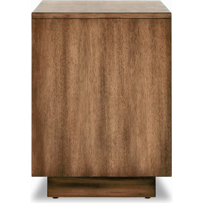 Grove Nightstand by Four Hands in beige painted linen and russet mahogany. Made from mahogany veneer, solid mahogany, painted linen in a modern style.