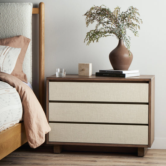 Grove Nightstand by Four Hands in beige painted linen and russet mahogany. Made from mahogany veneer, solid mahogany, painted linen in a modern style.