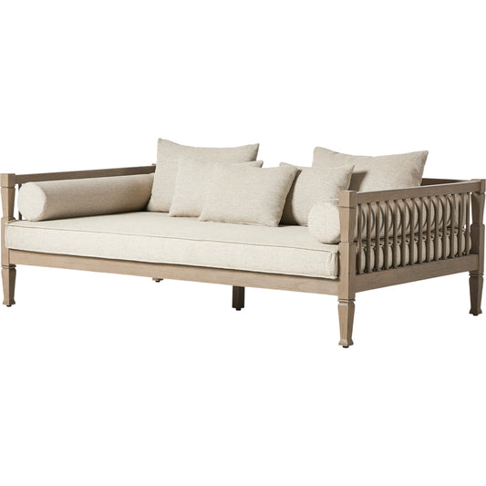 Amero Outdoor Sofa by Four Hands in faye sand, washed brown. Made from 100% olefin, solid fsc®-certified teak, 59% polyurethane foam, 30% polyester fiber, 11% polyester fiber batting in a modern style.