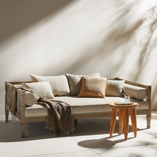 Amero Outdoor Sofa by Four Hands in faye sand, washed brown. Made from 100% olefin, solid fsc®-certified teak, 59% polyurethane foam, 30% polyester fiber, 11% polyester fiber batting in a modern style.