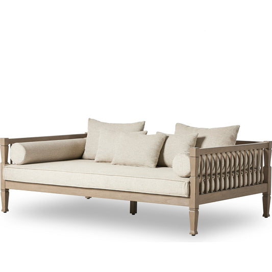 Amero Outdoor Sofa by Four Hands in faye sand, washed brown. Made from 100% olefin, solid fsc®-certified teak, 59% polyurethane foam, 30% polyester fiber, 11% polyester fiber batting in a modern style.